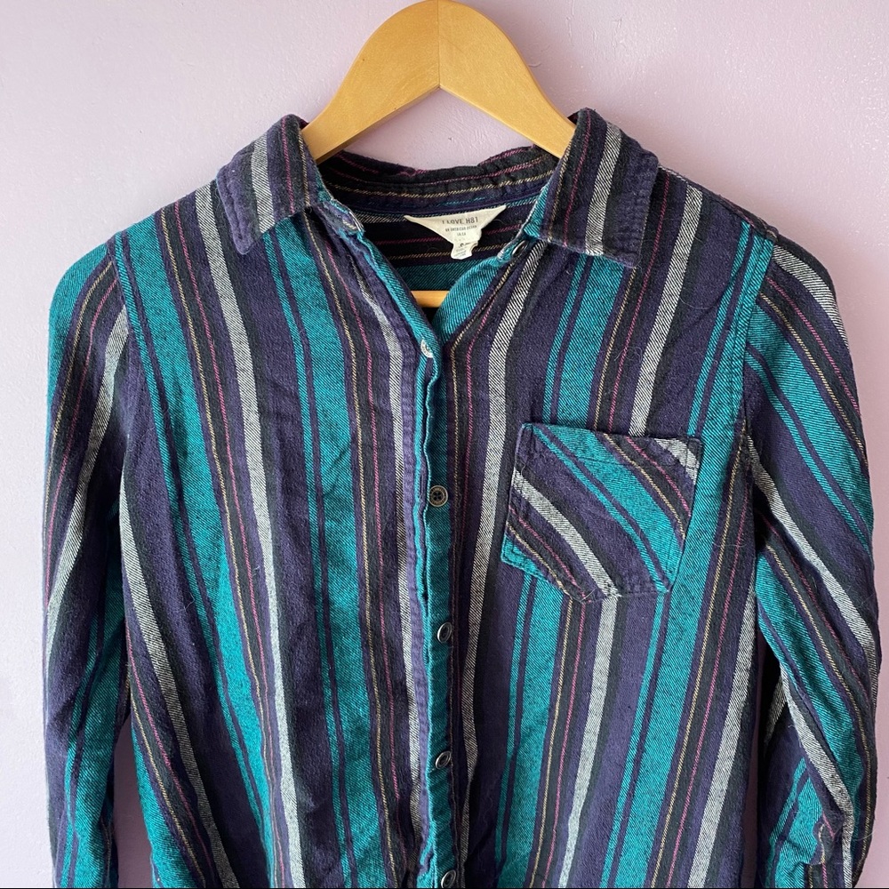 Distressed Vertical Stripe Longsleeve Button Down Shirt